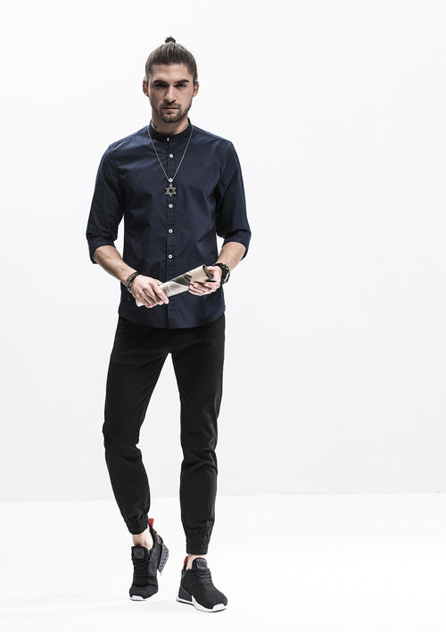 Band Collar Long Sleeve Shirt - Navy