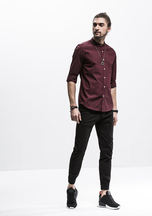 Band Collar Long Sleeve Shirt - Red
