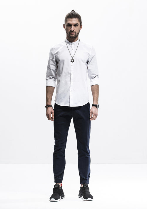 Band Collar Long Sleeve Shirt - White