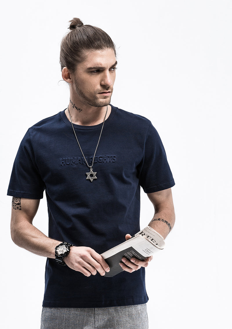 Human Rights Embossed Print T-Shirt - Blue