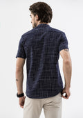 Windowpane Band Collar Short Sleeve Shirt - Blue