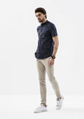 Windowpane Band Collar Short Sleeve Shirt - Blue