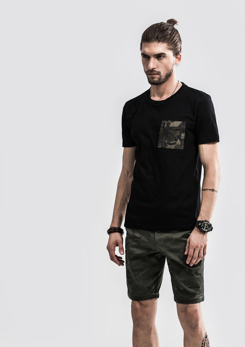 Camo Patch Zipper Up T-Shirt - Black