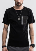 Solid Patch Zipper Up T-Shirt - Black