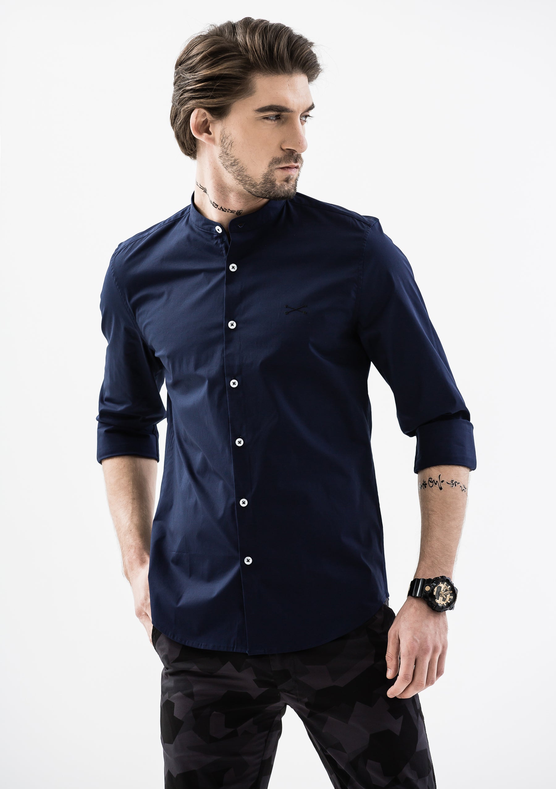 Explorer Mandarin Collar Long Sleeve Shirt - Blue