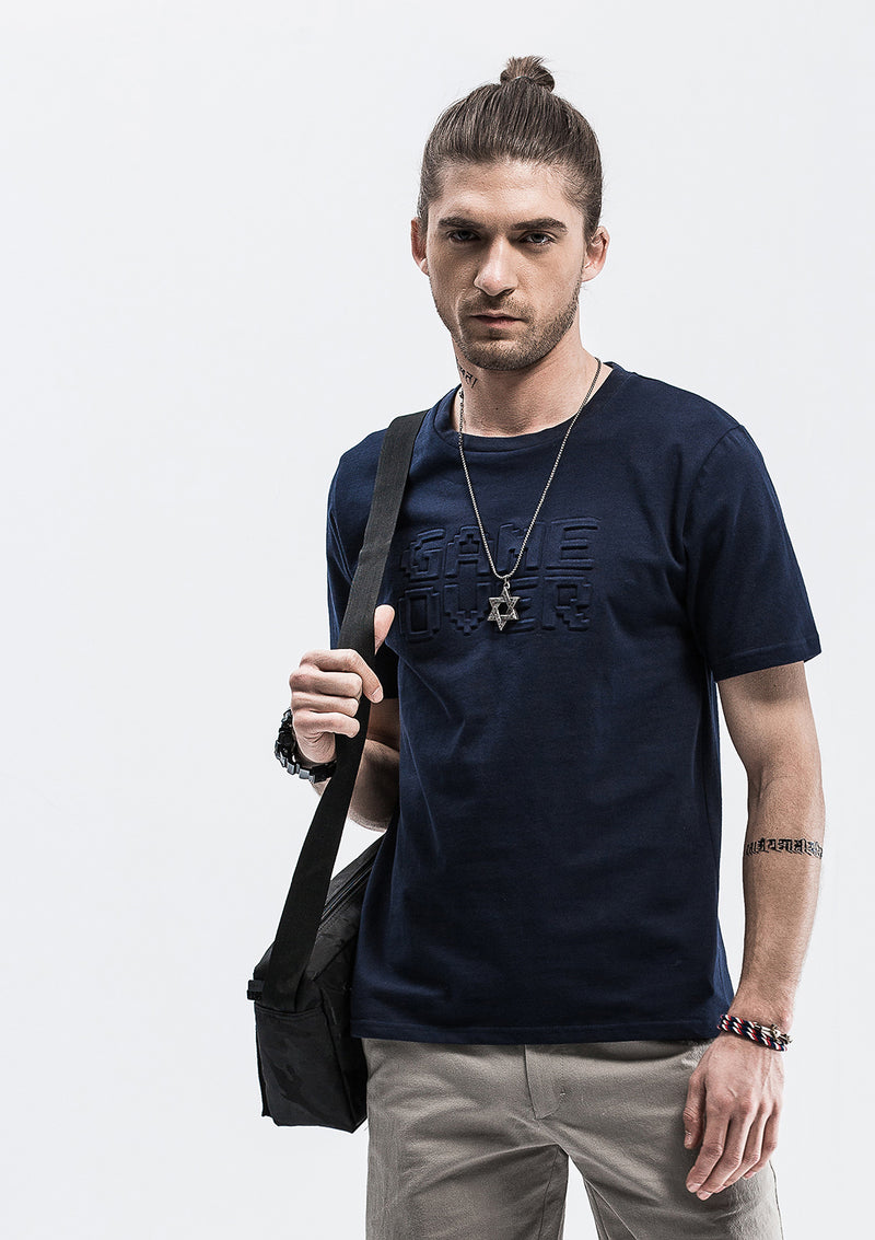 Game Over Embossed Print T-Shirt - Blue