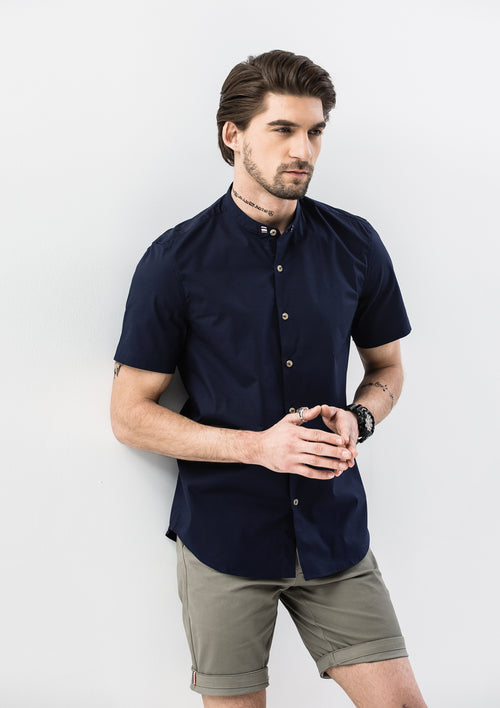 Grosgrain Band Collar Short Sleeve Shirt - Blue