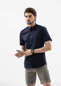 Grosgrain Band Collar Short Sleeve Shirt - Blue