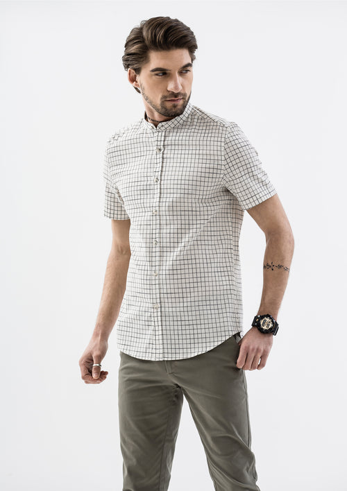 Windowpane Band Collar Short Sleeve Shirt - White