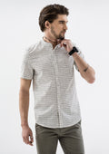 Windowpane Band Collar Short Sleeve Shirt - White